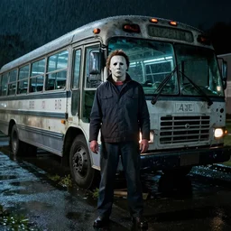 michael myers standing in front of a wrecked prison bus while it is raining at night. - cinematic lighting, 8 k, professional photography
