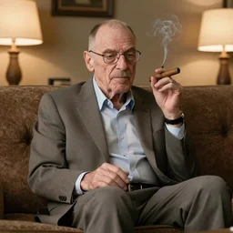Walter white sitting in a brown sofa with night lamps on and smoking cigars