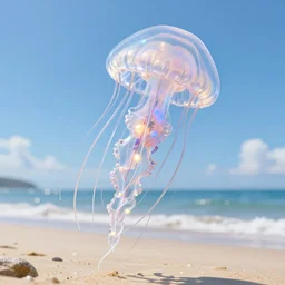 a giant, translucent jellyfish - like creature floats lazily in the air above a sun - drenched beach. its long, flowing tentacles are tipped with glowing orbs that seem to attract and repel each other in a constant dance. digital art, trending on artstation