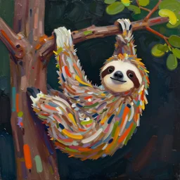 very dark background, a cute sloth hanging on a tree, made of bright colored thick flowing dramatic brush strokes, matte colors, impressionist, trending on artstation