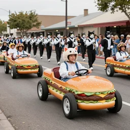 a 1955 shriner's parade with people driving hamburger go-carts and a marching band in cat costumes