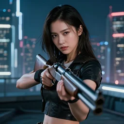 photographic portrait of a techwear woman holding a shotgun, holding gun down, closeup, on the rooftop of a futuristic city at night, sigma 85mm f/1.4, 4k, depth of field, high resolution, award winning photography, Kill Bill, John Wick, Die Hard, movies with guns, movie firearms,