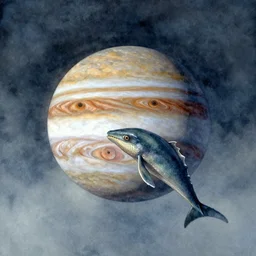 a powerful leviathan flying through the skies of jupiter, watercolor painting