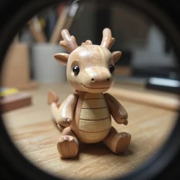 an adorable simple ball jointed doll dragon toy lovingly crafter by hand from wood on a toy workbench, worms eye view, macro camera lens, cinematic, focus
