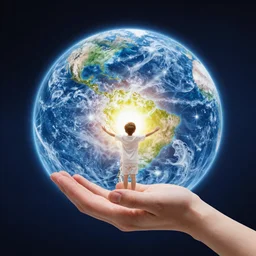 humanity giving compassion to universe, bright colors, realistic scene