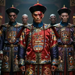 chinese zombies with luxuriant full - body official clothes of the qing the devil of nanotechnology, dynasty, a incredible symmetrical concept design, psychedelic, highly detailed upper body, cinematic film, mattepainting, photobash, rendered in octane, by mucha