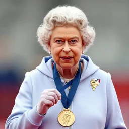queen elizabeth wearing a hoodie and a gold medal