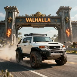 an offroad concept mad max's fj 4 0 pursuit special, the last v 8 interceptor driving down to the gates of valhalla highway, fury road, midsommar, artstation, an epic fantasy, cinematic lighting, hyper realistic, photographic, sharp focus, by greg rutkowski and wolp