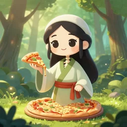 beautiful digital fantasy illustration of a pizza shaman!!, cute smiling attractive skeleton girl, the trees of a green woodlands glistens as the morning sun touches its leaves with her gentle rays. dryads of various ages walk through the forest, collecting to make into potions by alena aenami and arthur adams, octane render, detail texture, unreal engine, 8 k