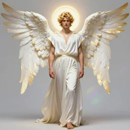 symmetrical fullbody portrait of a beautiful young fit male angel with curly blond hairs, full dressed in long fluent clothes, majestic big dove wings, luminous halo, by greg rutkowski and alphonse mucha, gradient white to gold, in front of an iridescent background, highly detailed portrait, digital painting, artstation, concept art, smooth, sharp focus illustration