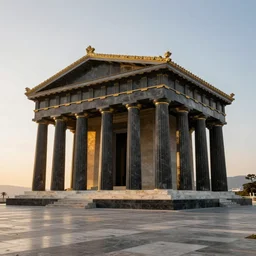 beautiful greek temple made of black marble with gold trim, award winning photograph at sunrise