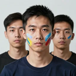 a portrait of 3 0's asian man with full of paint on the face