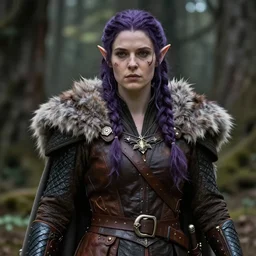 anya charlota as a medieval fantasy tolkien elf, dark purplish hair tucked behind ears, wearing leather with a fur lined collar, wide, muscular build, scar across the nose, one black, scaled arm, cinematic, character art, digital art, forest background, realistic. 8 k, detailed.