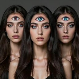three eyed goddesses, third eyes middle of foreheads, long necks long, very wide wide shot, very hairy bodies, beautiful colors, eyes in forehead, beautiful lighting, detailed photographs, very detailed, eyes reflecting into eyes reflecting into infinity