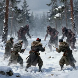 soldiers with russian hats and long woolen coats fighting undead monsters in tundra between pine trees, digital painting, volumetric lighting, concept art, artstation, 8 k
