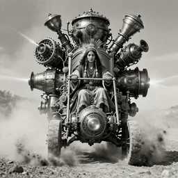 old vintage full body  photo of  ancient shaman female  on the complex big steam punk hooverboard with antigravity engine,  extreme sports photography , dynamic photography,clean symmetrical face, high speed,dirt and grawel flying in the spot,  lens flares, dust in the air, dramatic lighting, intricate, highly detailed, centered, smooth, sharp focus,  sports photography, old photo, black and white, sepia, cinematic lighting, cinematic angle,  national geographic