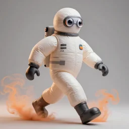a single striding slender action figure of a giant inflated hazmat suit wearing man with long bendy arms and legs, googly eyes, tareme eyes, small head, personification, dynamic pose, detailed product photo, tone mapped, beautiful composition, orange mist swirling at feet, 8 5 mm, f 5. 8