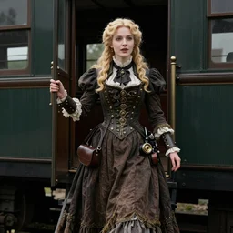 A beautiful lady with blonde hair in a steampunk suit with a long skirt leaves the train of the Victorian era, by Rembrandt, horror scene, highly detailded