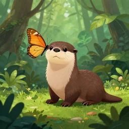 lush jungle swamp, butterfly otter hybrid, playful, art, greenery, wildlife