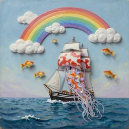 3d high relief painting of sea like jelly,Rainbow clouds like goldfish floating lightly in the air, Sailing ship,dreamy, soft , highly detailed,  expressive impressionist style,in the style of William Schneider