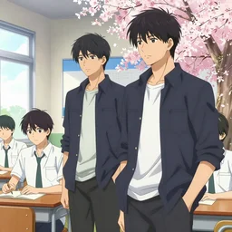 boy's love anime high school classroom scene spring setting, romantic undertones, expert high detail concept art, perfect proportions fine - face, tall handsome guys, modern design, bold colors, realistic shaded lighting poster ilya kuvshinov, katsuhiro, jeremy lipkin and michael germash, makoto shinkai, wlop, loish and clamp style, 8 k resolution, artistic trending on art station, best selling artist