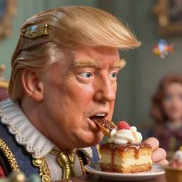 highly detailed closeup, face profile portrait of a tin toy donald trump as a fairytale henry viii eating cakes, depth of field, nicoletta ceccoli, mark ryden, lostfish, max fleischer, breathtaking, detailed and intricate environment, 8 k resolution, hyperrealistic, octane render