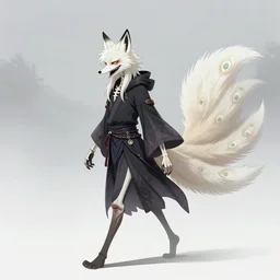 a real anime cover for an undead foxfolk wizard with visibly skeleton jaws, a large albino peacock tail, walking through foggy city under starry skies, spooky, halloween decorations, fireflies, anime, peaceful, grainy, neon green, black, vhs, toxic biohazard aesthetic, art by yuji ikehata