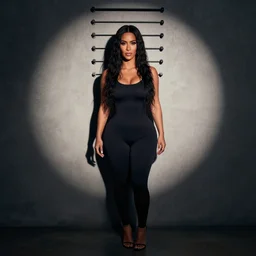 kim kardashian full body mugshot, standing in front of a wall