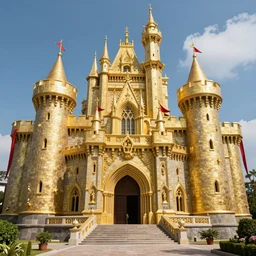 fantasy ghotic golden castle with red flags in sunny day