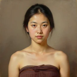 portrait of a beautiful female mon ethnic burma, closeup portrait, historical, ethnic group, traditional costume, elegant, loin cloth, highly detailed, oil painting, artstation, concept art, matte, sharp focus, illustration, hearthstone, art by earl norem