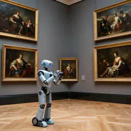 a professional photo of a museum full of classical oil paintings. on the floor there is a cool robot holding a camera.