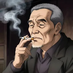 anime old man smoking a cigarette, white smoke, art by Ross Tran