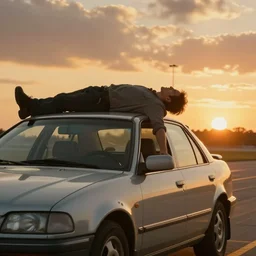 movie still of a man laying on top of a car driving on the runway of an airport, sunset, golden hour