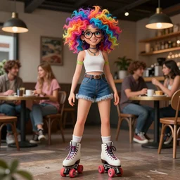 stylish smiling girl with freckles glasses and wild colorful hair, full body, wearing roller skates, detailed cafe background | | fine detail!! anime!! realistic shaded lighting!!, directional lighting 2 d poster by ilya kuvshinov, magali villeneuve, artgerm, jeremy lipkin and michael garmash and rob rey