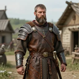 a masterpiece ultrarealistic ultradetailed photograph of a lifelike real bogatyr that is dressed in in ancient leather armor, short beard, on an old medieval village, photoreal image, art by wlop, photoreal, highly rendered, blender, unreal engine, readable, extremely detailed, trending on artstation, sharp focus, 4 k, by artgerm