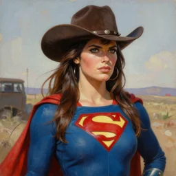 ultra realistic portrait painting of supergirl as a western outlaw, art by frank frazetta, 4 k, ultra realistic, highly detailed, epic lighting.