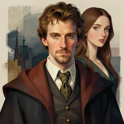 an ultra detailed portrait of a handsome wizard with a very short goatee named james and a beautiful noblewoman with long brown hair, in contemporary clothes, 8 k, modernist style, artstation, pixiv, by rembrandt