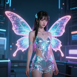 cyberpunk fairy girl with firefly wings and neon in a cyberpunk city