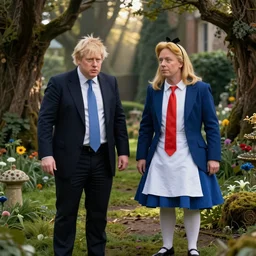 Boris Johnson and Donald Trump as short tweedle dee and tweedle dum in an enchanted world Alice in wonderland