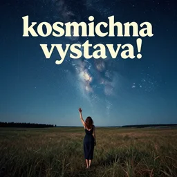 album cover!, with text kosmichna vystava!, a beautiful landscape of a starry sky with an beautiful woman waving to the horizon, cinematic, dramatic, color grading, photojournalism, colorful, highly detailed