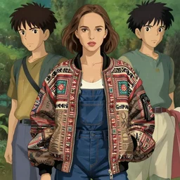 a handsome young man! natalie portman alluring gravure! model, wearing oversized mayan bomber jacket and overalls, bulky poofy bomber jacket with mayan patterns, gapmoe yandere grimdark, trending on pixiv fanbox, painted by greg rutkowski makoto shinkai takashi takeuchi studio ghibli, akihiko yoshida