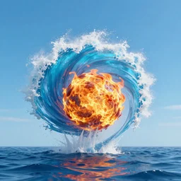 A fireball jumping out of a clear blue sea creating a vortical tsunami , 8k