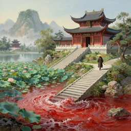 a gorgeous landscape painting by barlowe wayne maxfield parrish and marco mazzoni. chinese temple. just one lonely chinese wuxia with bamboo hat walks on the winding steps. lotus lake. ultra clear detailed. 3 d, octane render. turbulent blood lake.