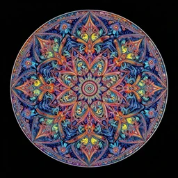 circular colored symmetrical ornament on a black background, a detailed drawing by wolfgang zelmer, shutterstock contest winner, psychedelic art, fractalism, intricate patterns