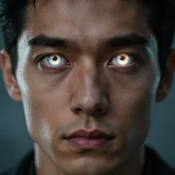 studio portrait photography close up of a man's face, he has glowing portal eyeballs. background out of focus depth of field, photorealistic, cinematic, dramatic lighting, intricate details, award winning