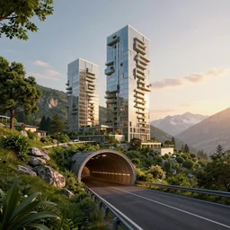 maximalism digital art, denis villeneuve establishing shot of modern bjarke ingels condo building and gotthard tunnel entrance combined, roads tunnel under bjarke ingels condo building, lush environment, sunset raked lighting, scifi artstation digital concept art, unreal engine, hyper realism, realistic shading, blender render, octane render, wide shot