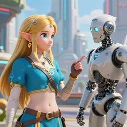portrait of zelda talking to a robot in a futuristic city in the year 2 4 7 6, highly detailed, fantasy style, artstation, 8 k