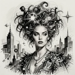 a sketch, ultra detailed, fashion, magic, universe, beautiful woman, similar to margot robbie, weird haairstyle, surreal city, in style of jean - michel basquiat, trending on artstation