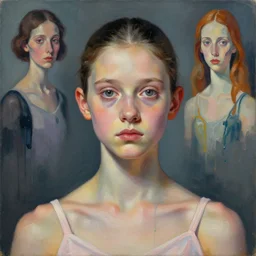 nervous portrait young girl ballerina focusing by beeple and hernan bas and francis bacon and pat steir and hilma af klint, psychological, photorealistic, symmetrical face, dripping paint, washy brush, matte painting, rendered in octane, altermodern, masterpiece