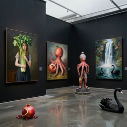 a flooded modern art gallery, paintings on black walls, a tall emo girl holding celery, aboriginal art sculpture, pomegranates, octopus, waterfall, zen, black swans, berries, surrealist, by magritte and monet